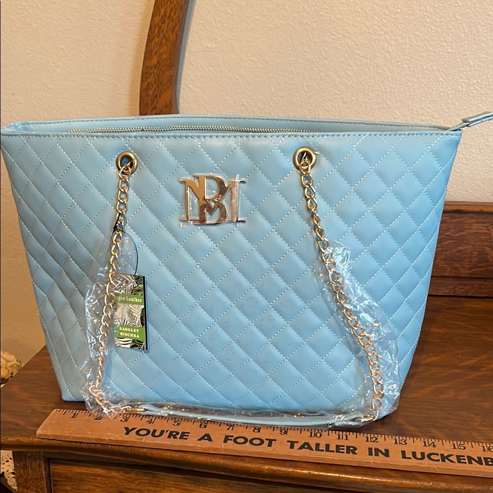 Badgley Mischka Blue Quilted Tote with Gold Chain